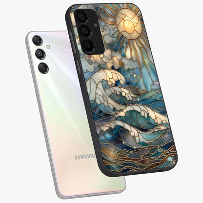 Oceanic Stained Printed Glass Case displayed in angled mockup highlighting colorful aquatic design with artistic aesthetic style.