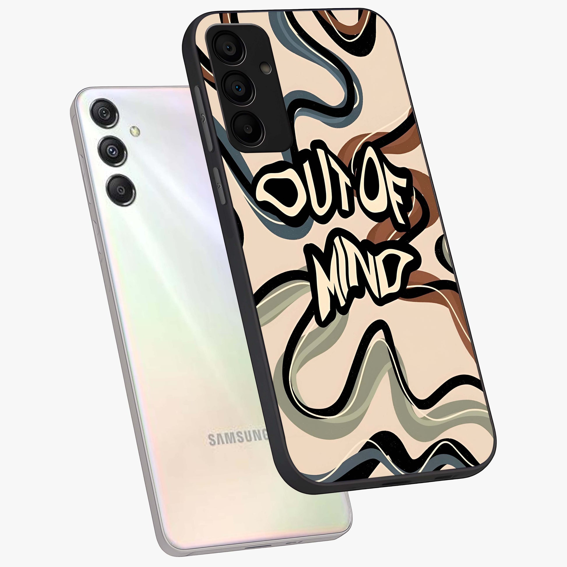 Out Of Mind Glass Case displayed in angled mockup highlighting bold statement design with modern artistic aesthetic.