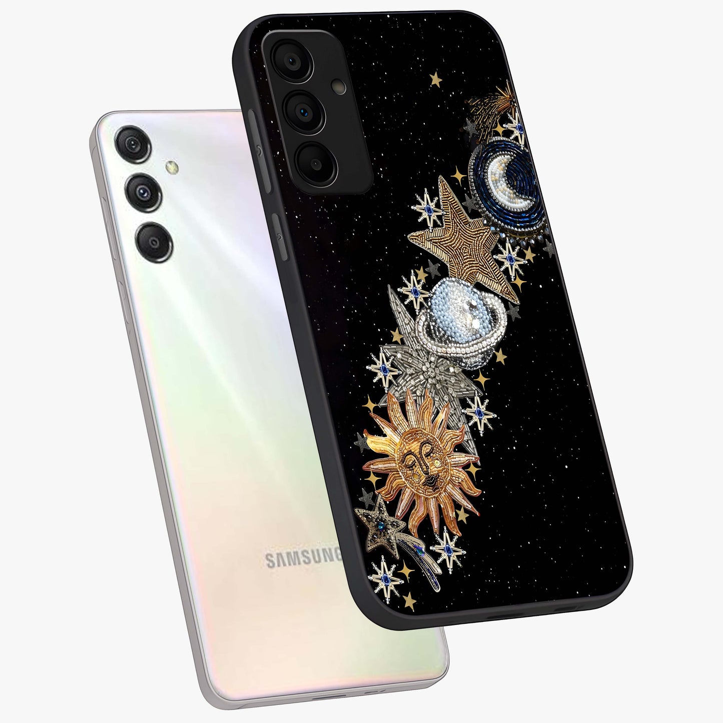 Pearls Universe Object Glass Case displayed in angled mockup highlighting celestial pearl design with dreamy aesthetic.