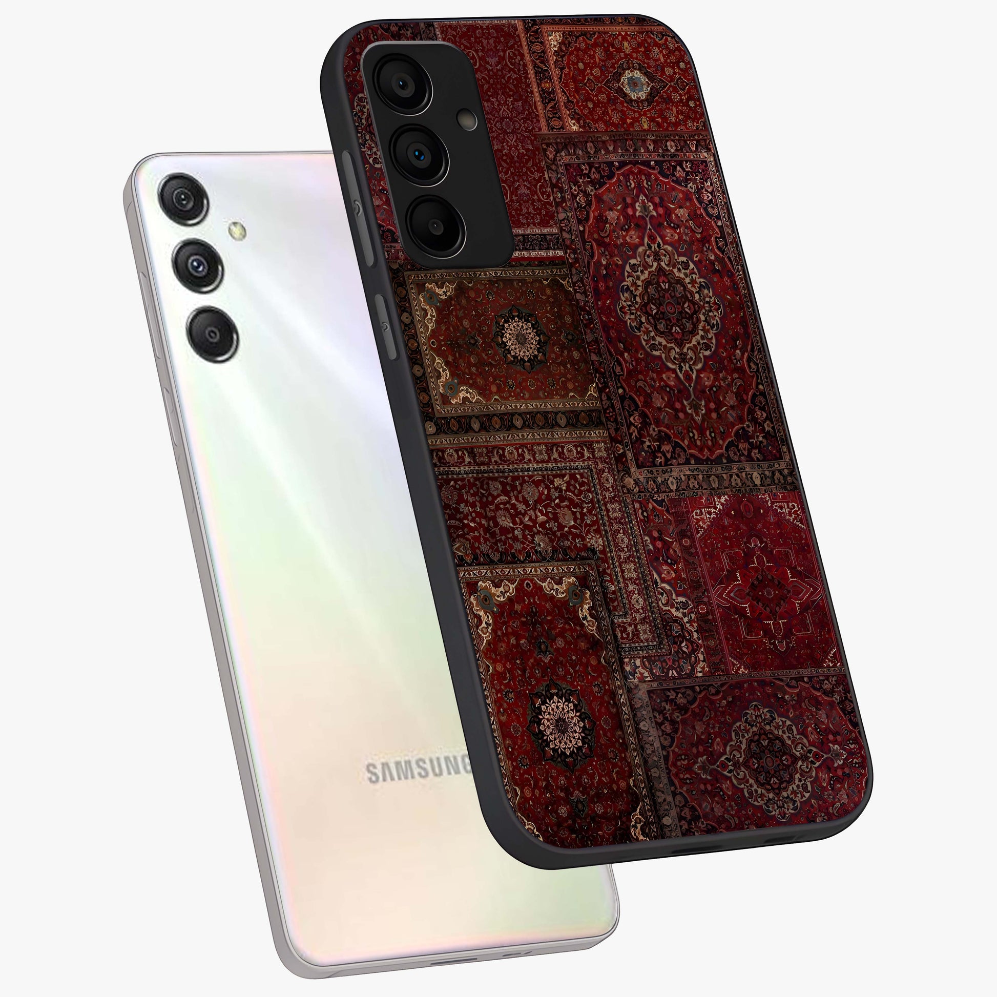 Persian Velvet Tale Glass Case displayed in angled mockup highlighting ornate textile inspired design with royal aesthetic.