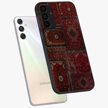 Persian Velvet Tale Glass Case displayed in angled mockup highlighting ornate textile inspired design with royal aesthetic.