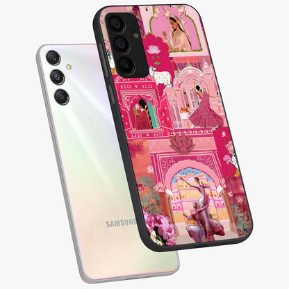 Pink Palace Muse Glass Case displayed in angled mockup highlighting dreamy palace illustration with soft pink aesthetic.