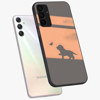 Puppy Shadow Art Glass Case displayed in angled mockup highlighting playful dog illustration with artistic shadow aesthetic.