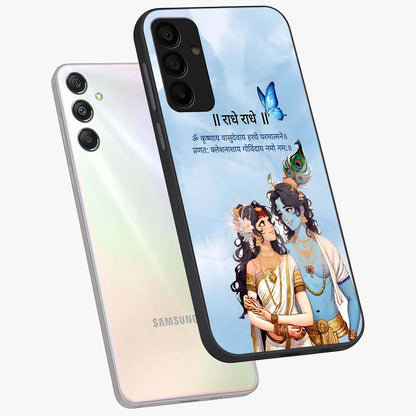 Radha Krishna Eternal Glass Case displayed in angled mockup highlighting divine Radha Krishna illustration with spiritual aesthetic.