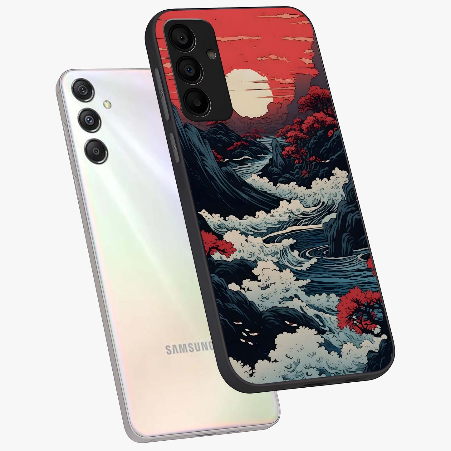 Red Sunset Scenery Glass Case displayed in angled mockup highlighting glowing sunset sky design with scenic aesthetic.