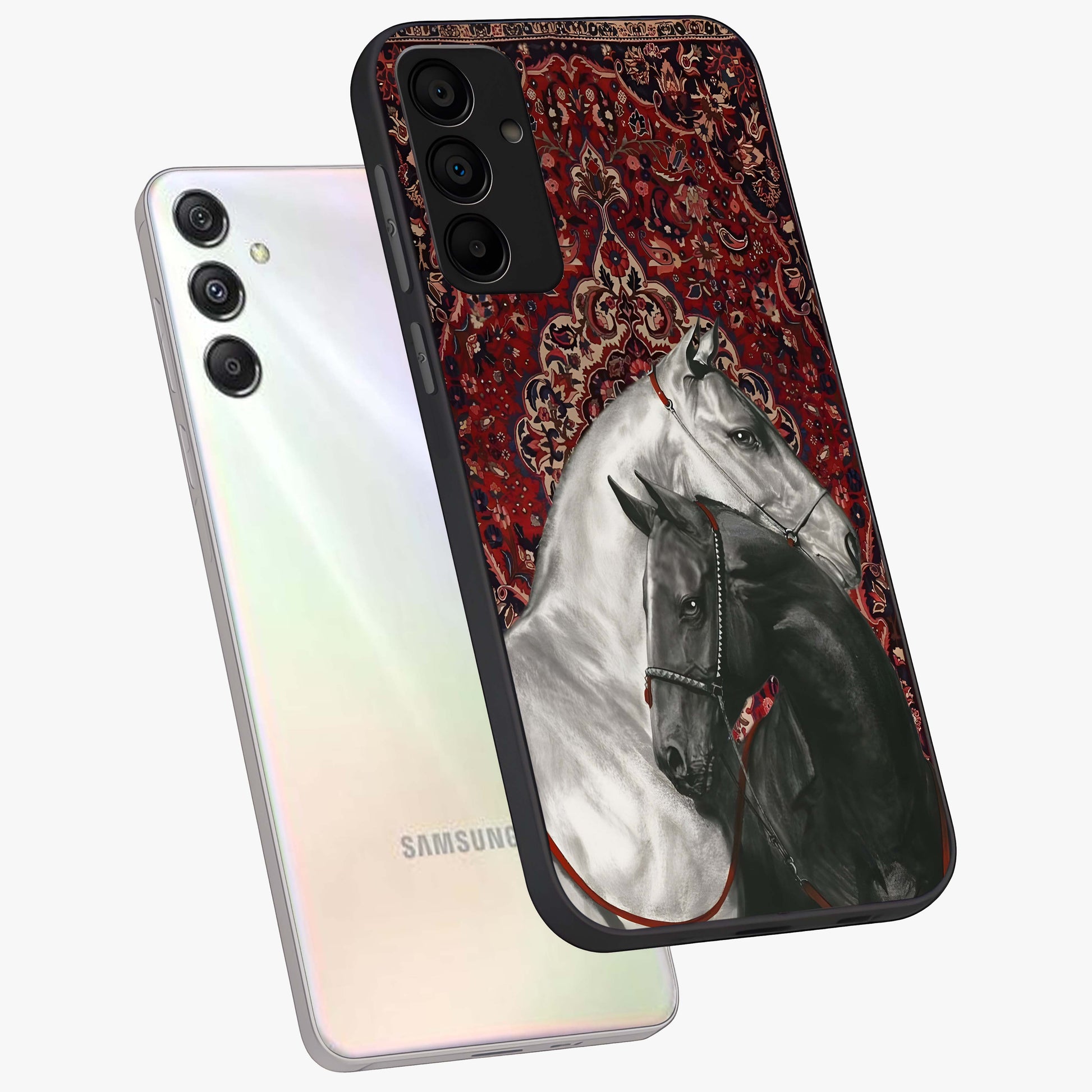 Regal Stallion Tapestry Glass Case displayed in angled mockup highlighting royal stallion design with decorative heritage aesthetic.