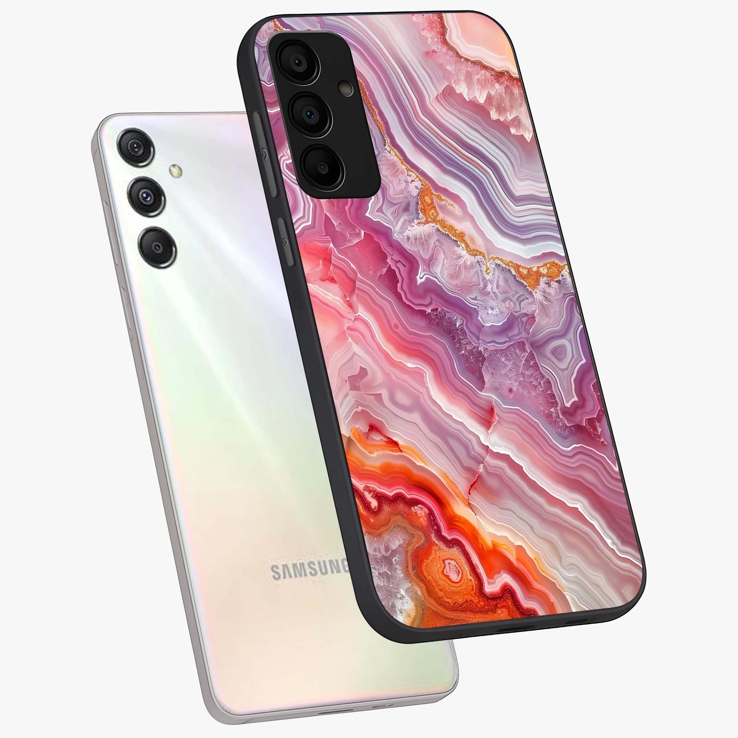 Rose Quartz Marble Glass Case displayed in angled mockup highlighting elegant marble pattern with soft aesthetic style.