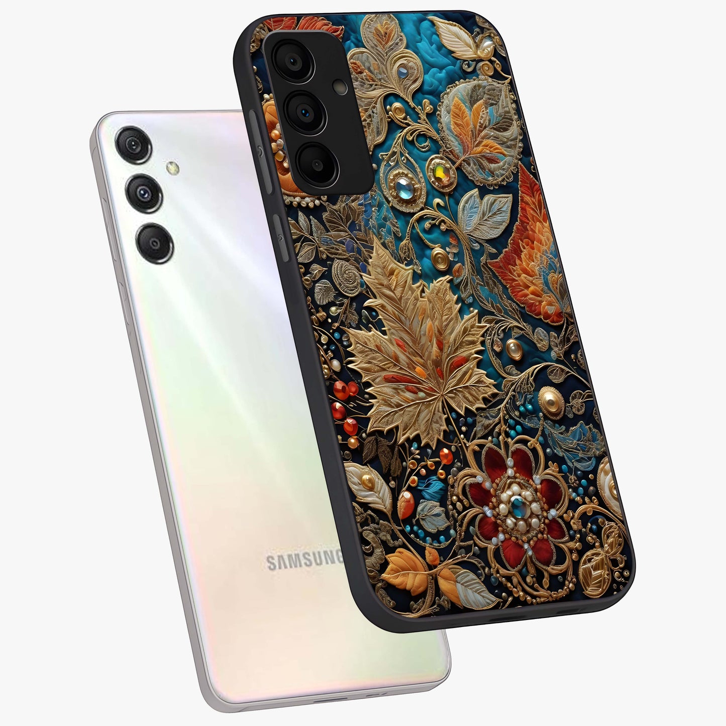 Royal Jewel Garden Glass Case displayed in angled mockup highlighting vibrant jewel inspired floral design with elegant aesthetic.