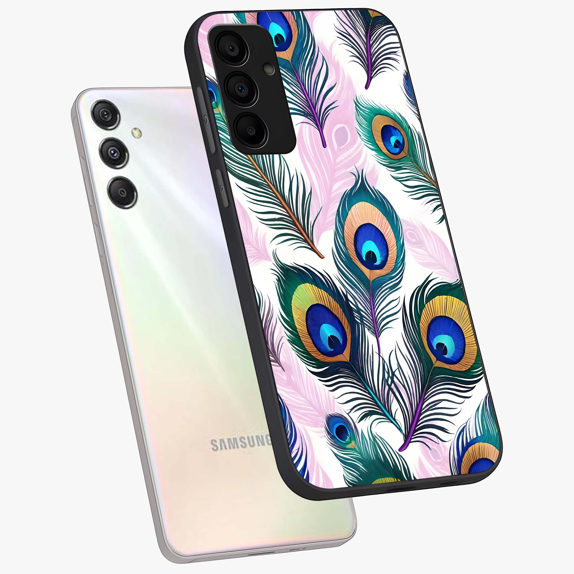 Royal Peacock Feathers Glass Case displayed in angled mockup highlighting vibrant feather pattern with regal aesthetic style.
