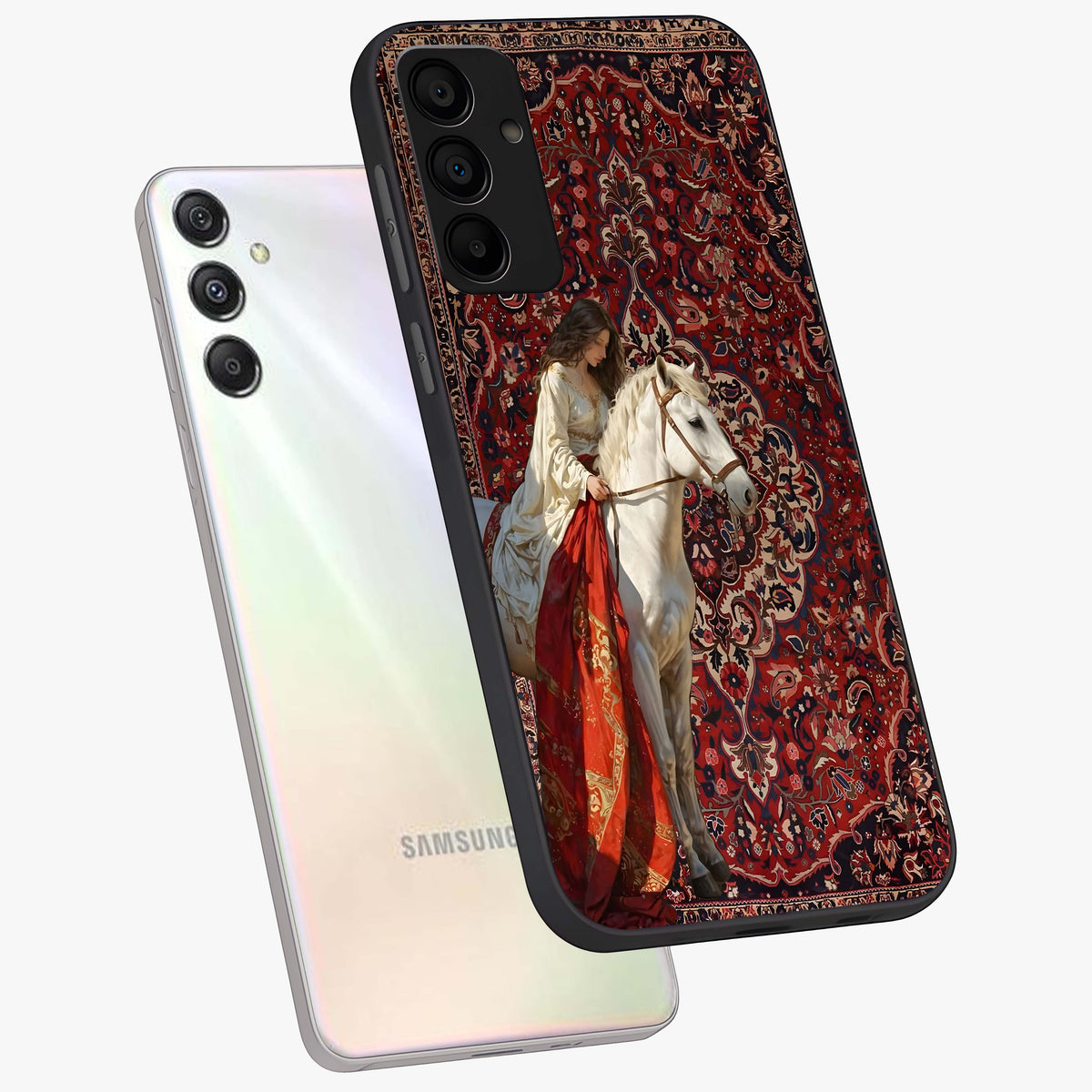 Royal Rider Tapestry Glass Case displayed in angled mockup highlighting traditional tapestry design with royal heritage aesthetic.