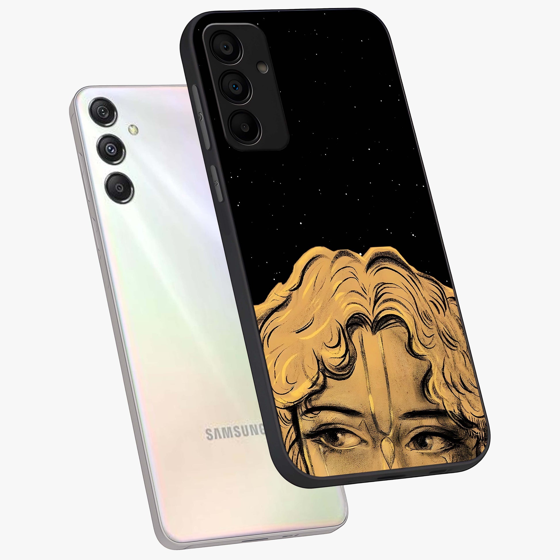 Shri Krishna Art Glass Case displayed in angled mockup highlighting spiritual Krishna illustration with divine aesthetic.