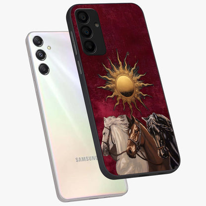 Solar Riders Glass Case displayed in angled mockup highlighting powerful rider illustration with radiant solar aesthetic.