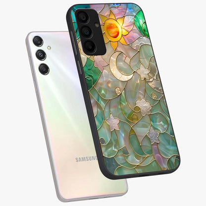 Stained Sunrise Glow Glass Case displayed in angled mockup highlighting radiant sunrise design with artistic aesthetic style.