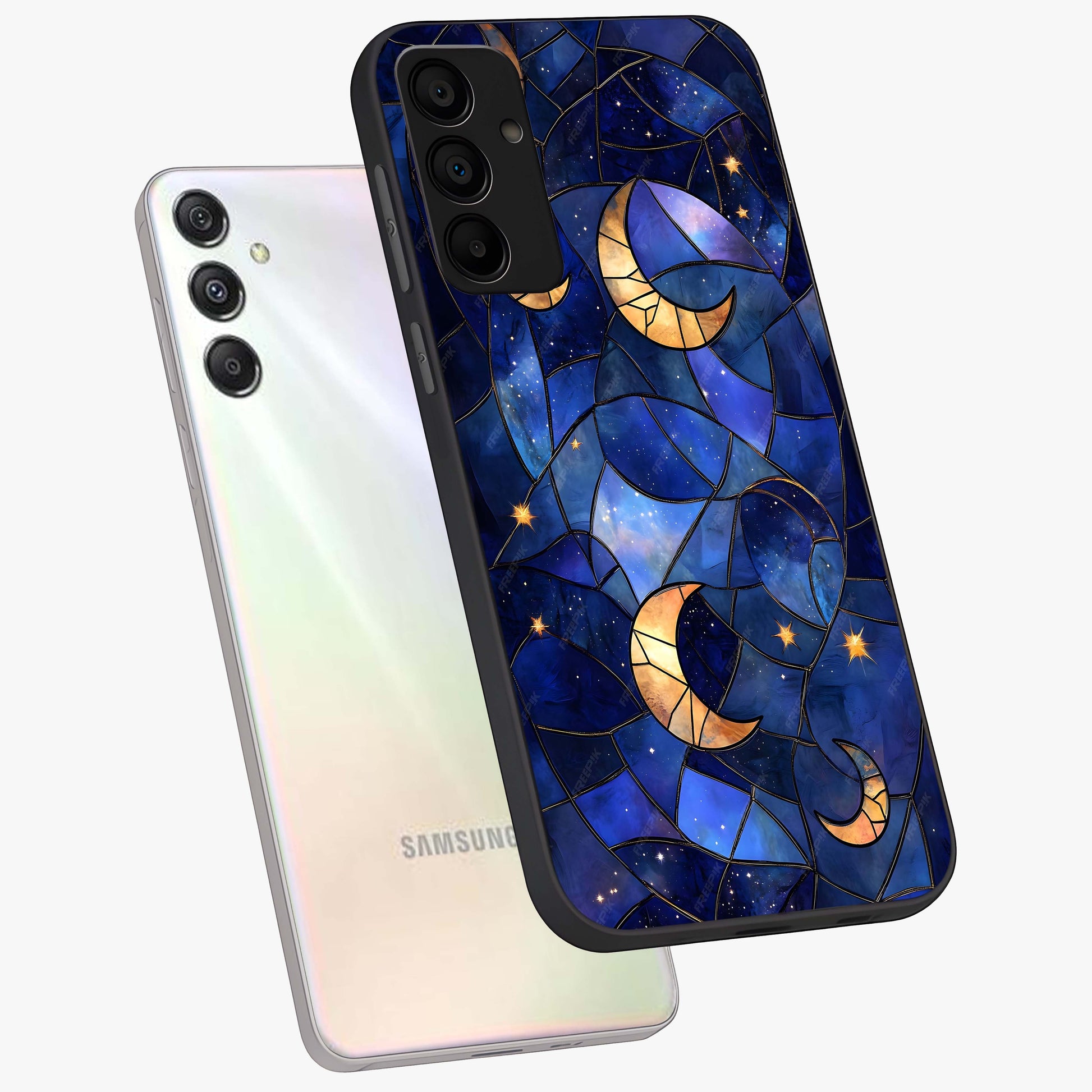Starlit Sky Tapestry Glass Case displayed in angled mockup highlighting celestial night pattern with artistic aesthetic style.