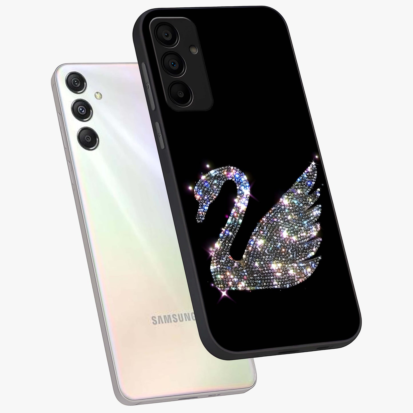 Starlit Swan Grace Glass Case displayed in angled mockup highlighting elegant swan illustration with dreamy celestial aesthetic.