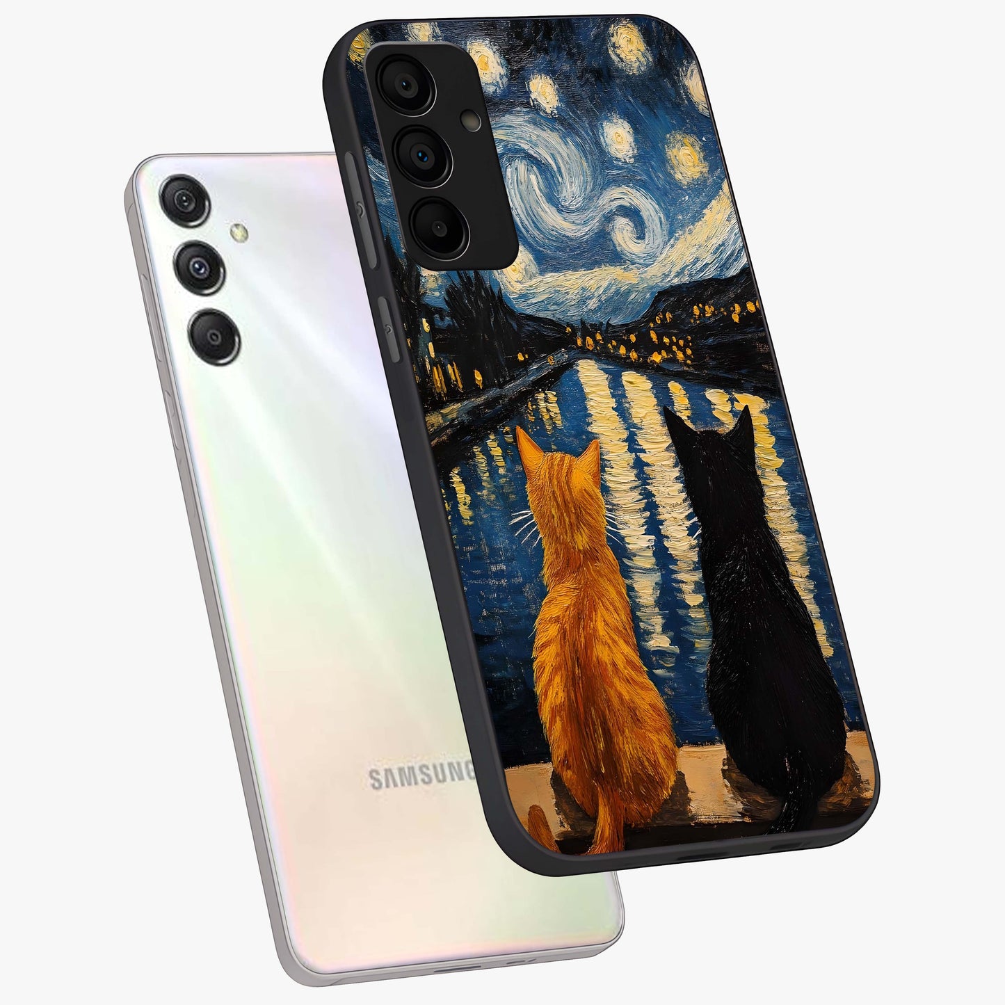 Starry River Cats Glass Case displayed in angled mockup highlighting charming feline illustration with dreamy night aesthetic.