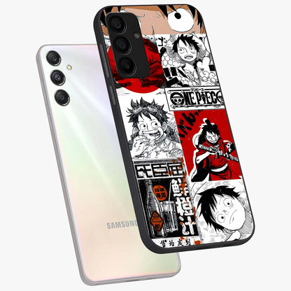 Strawhat Chaos Panels Glass Case displayed in angled mockup highlighting vibrant anime collage design with action aesthetic.