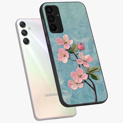 Threaded Blossom Breeze Glass Case displayed in angled mockup highlighting elegant floral design with soft aesthetic style.