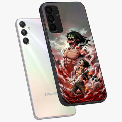 Titan Awakening Fury Glass Case displayed in angled mockup highlighting dramatic giant warrior design with bold anime aesthetic.