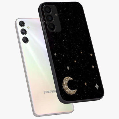 Twinkle Star With Half Moon Glass Case displayed in angled mockup highlighting celestial moon and star design with magical aesthetic.