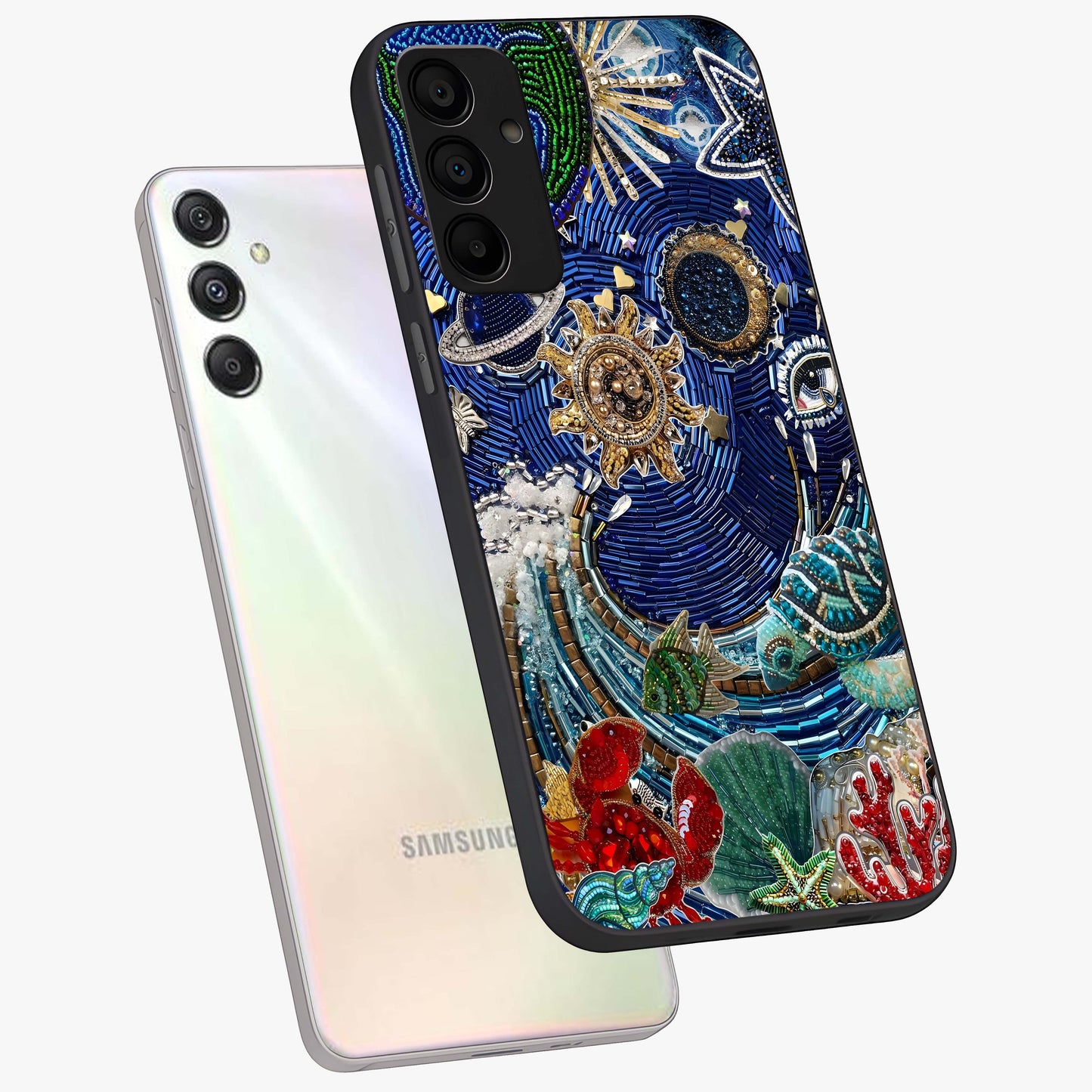 Universe Underwater Spark Glass Case displayed in angled mockup highlighting glowing aquatic design with celestial aesthetic.