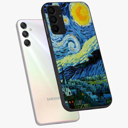 Van Gogh Art Glass Case displayed in angled mockup highlighting swirling brushstroke design with artistic aesthetic.