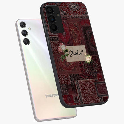 Velvet Wine Pattern Custom Name Glass Case displayed in angled mockup highlighting decorative velvet inspired design with custom name feature.