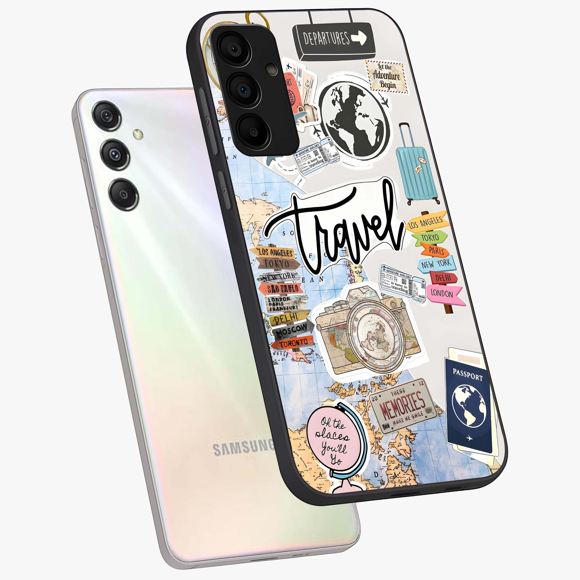 Wanderlust Journal Glass Case displayed in angled mockup highlighting adventure themed design with aesthetic travel vibe.