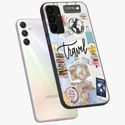 Wanderlust Journal Glass Case displayed in angled mockup highlighting adventure themed design with aesthetic travel vibe.