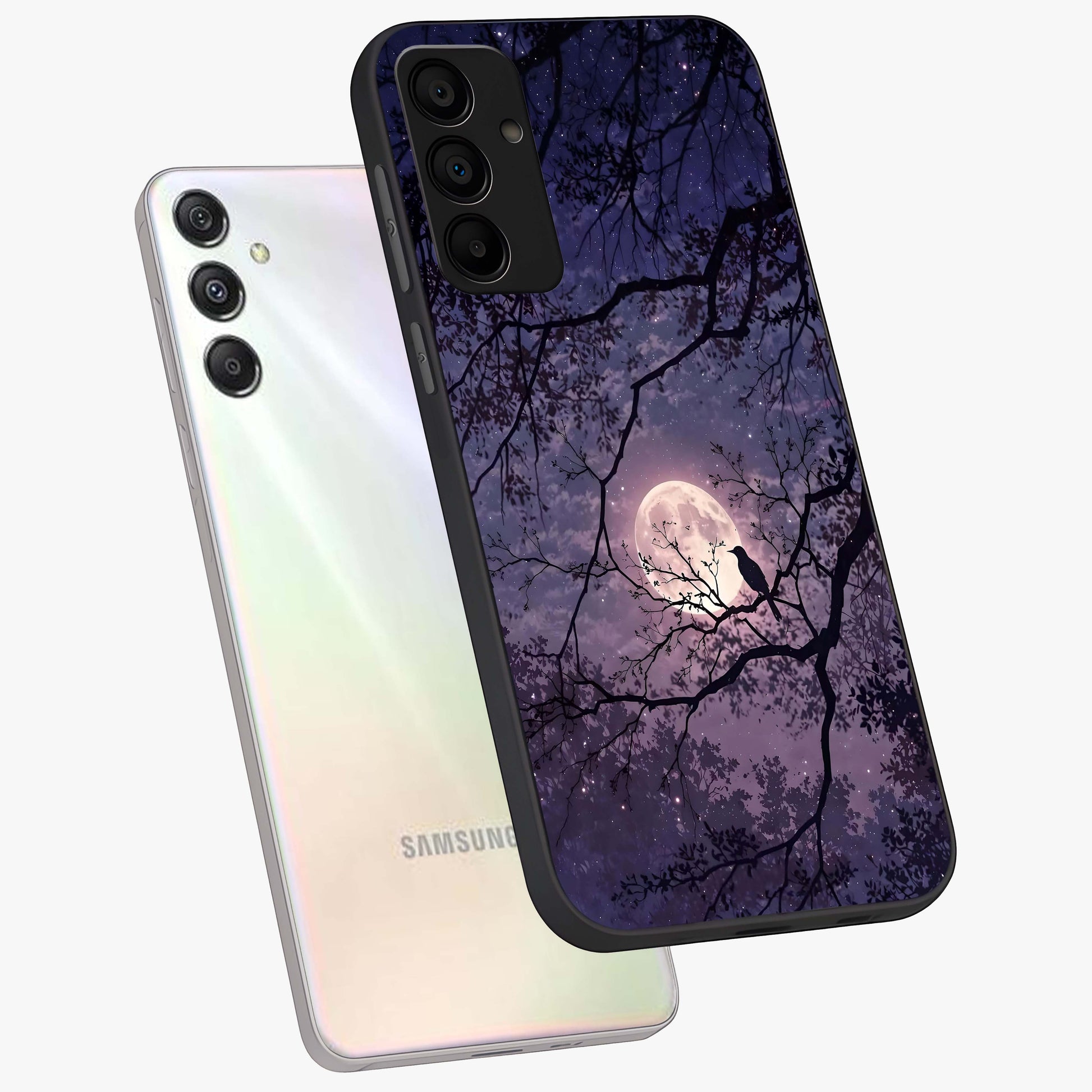 Whispering Moon Silence Glass Case displayed in angled mockup highlighting calm lunar design with dreamy night aesthetic.