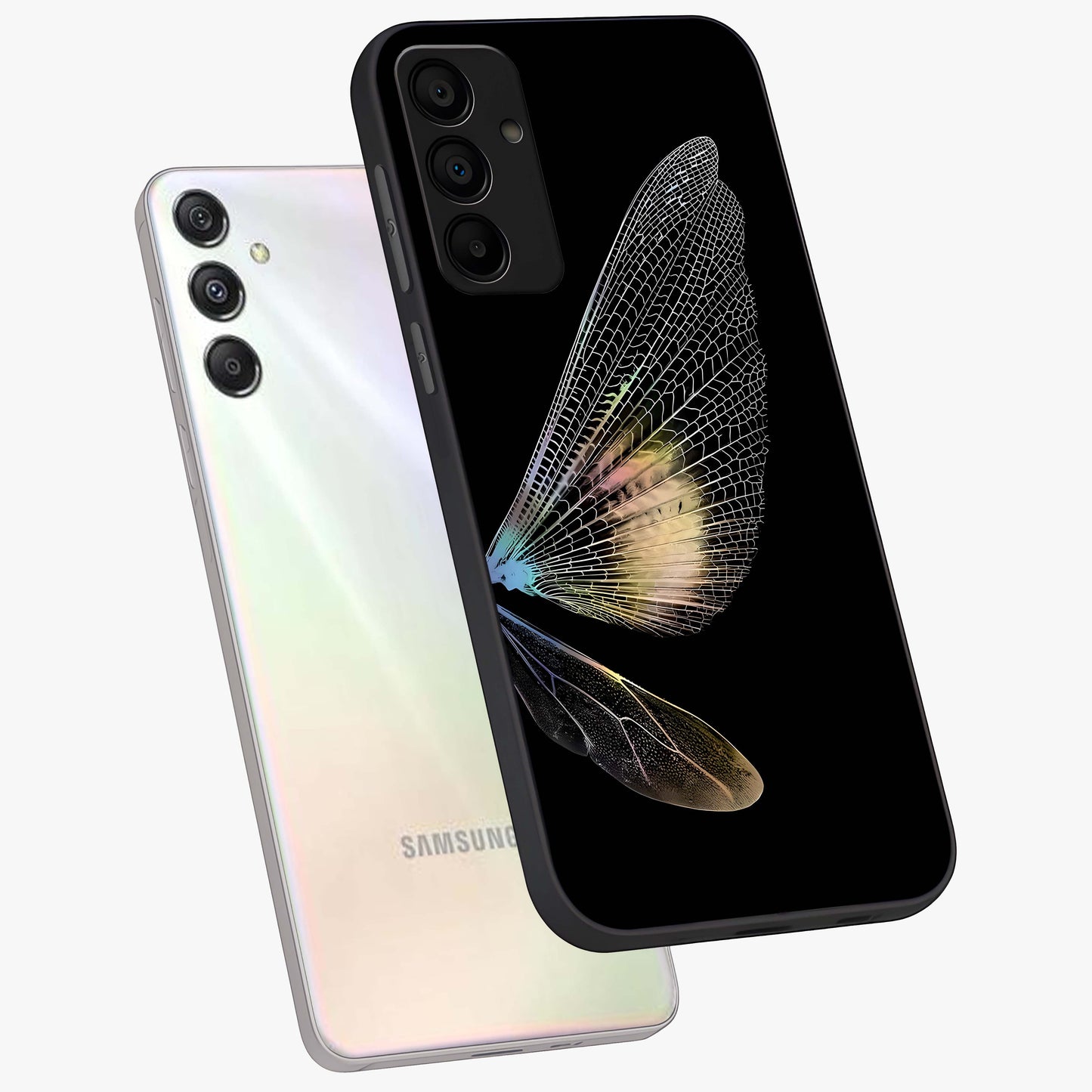 Whispers Of Wings Glass Case displayed in angled mockup highlighting soft feather design with celestial aesthetic style.