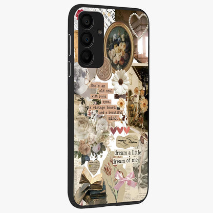 Aesthetic Brown Vintage Collage Glass Case upright view showcasing nostalgic retro artwork with stylish vintage theme.
