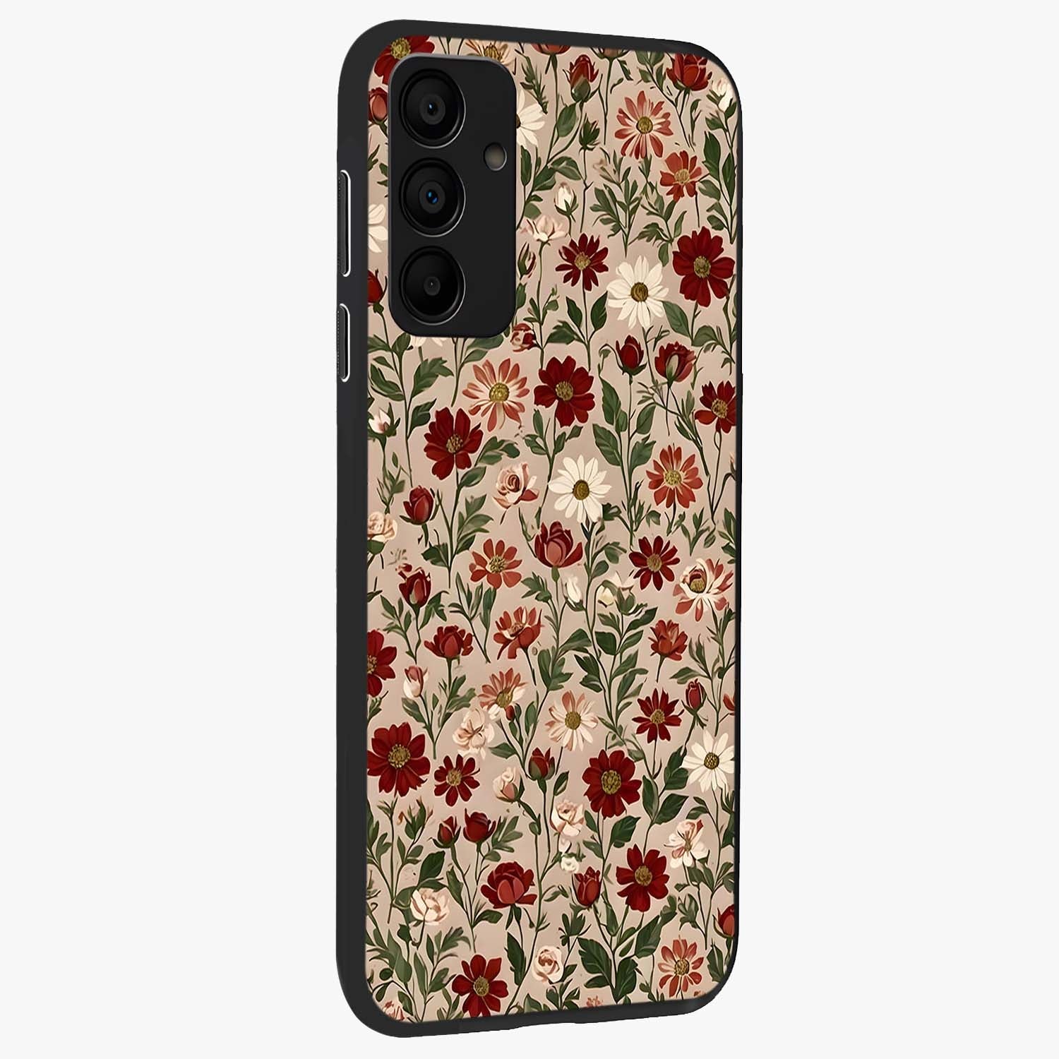 Biege Flower With Leaf Glass Case upright view showcasing delicate beige flower illustration with clean botanical style.