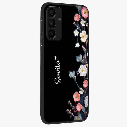 Black Elegance Floral Custom Name Glass Case upright view showcasing luxurious black floral design with personalized name detail.