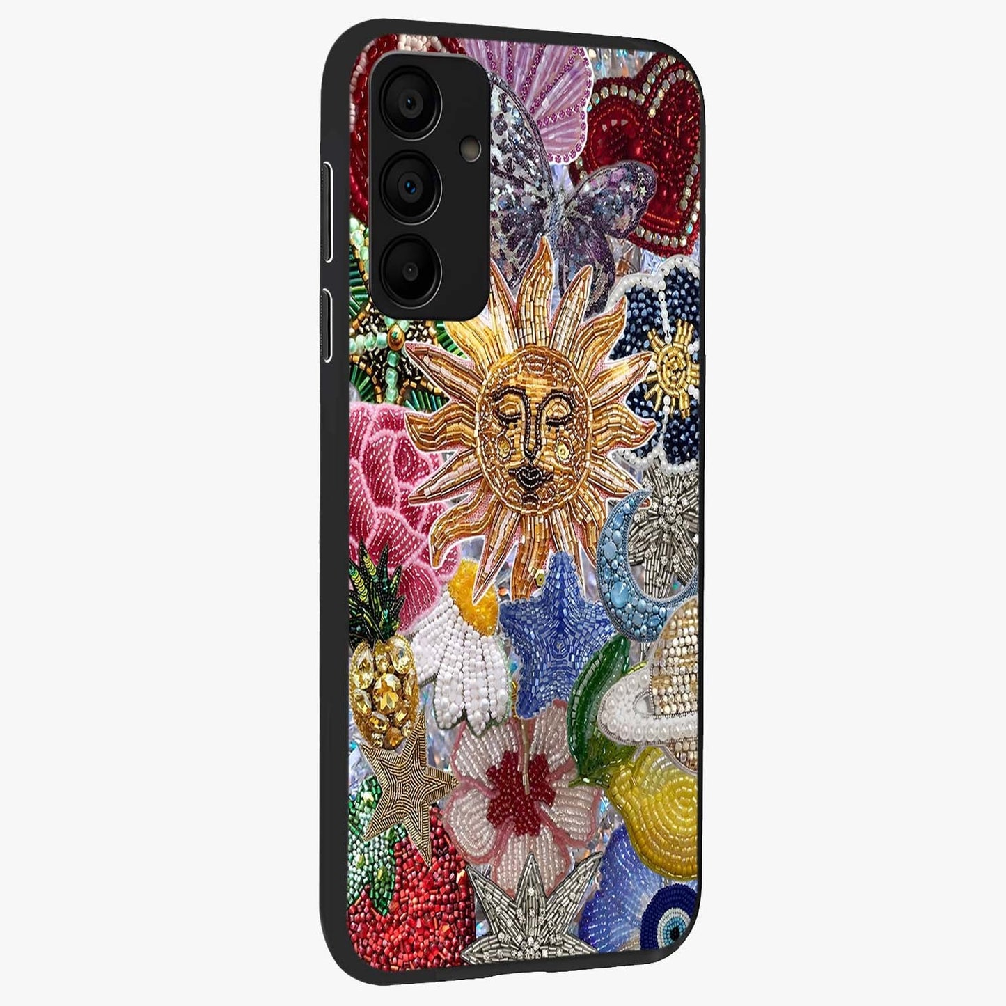 Celestial Floral and Playful Glass Case upright view showcasing whimsical floral artwork with cosmic aesthetic theme.