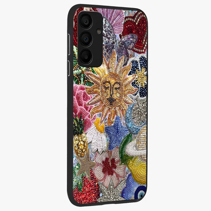 Celestial Floral and Playful Glass Case upright view showcasing whimsical floral artwork with cosmic aesthetic theme.