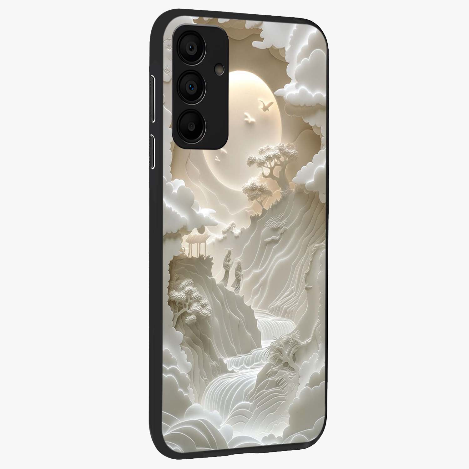 Celestial Origami Glass Case upright view showcasing creative origami artwork with modern celestial style.