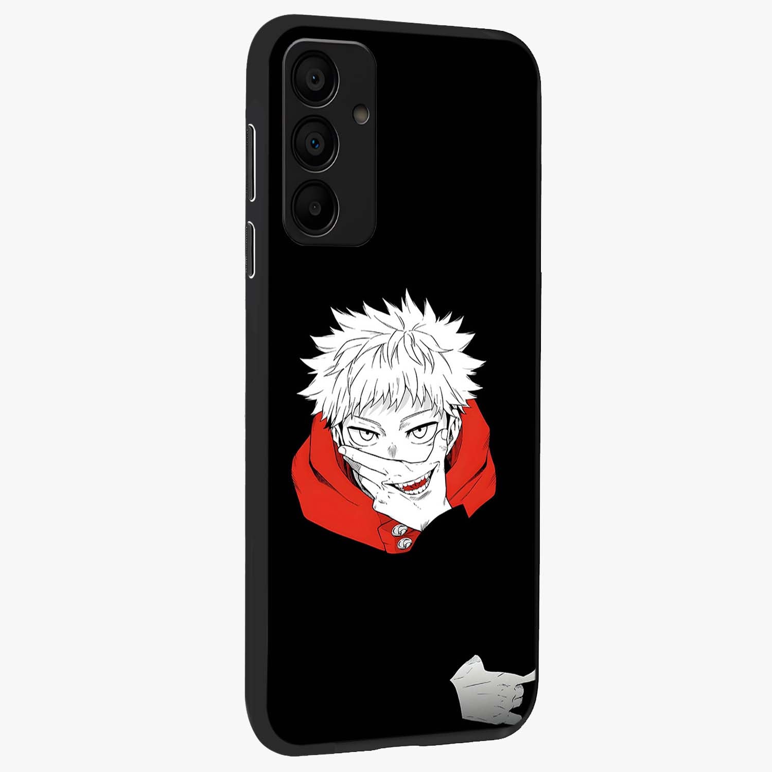 Crimson Chaos Smile Glass Case upright view showcasing expressive chaotic artwork with striking visual theme.