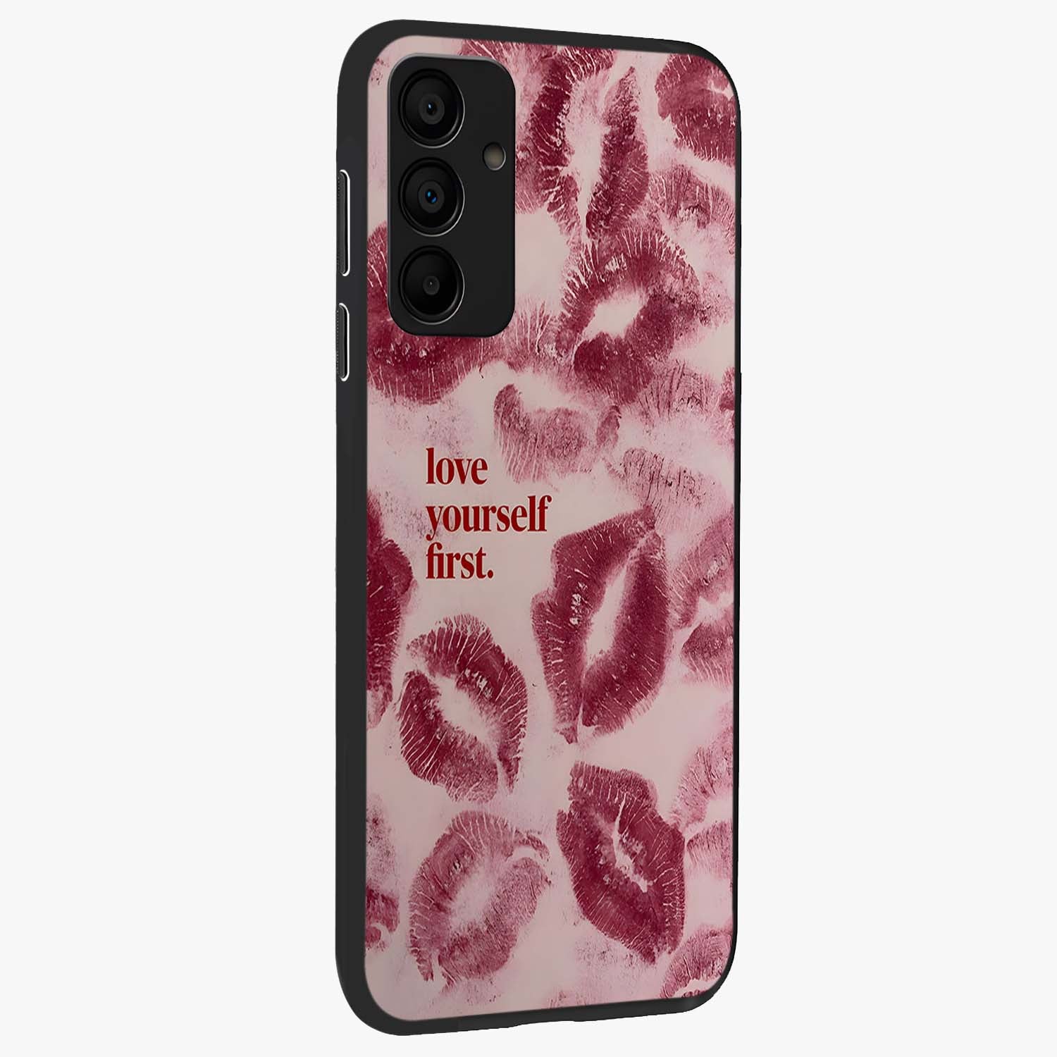Crimson Kiss Love Glass Case upright view showcasing expressive romantic artwork with deep crimson theme.