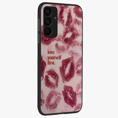 Crimson Kiss Love Glass Case upright view showcasing expressive romantic artwork with deep crimson theme.