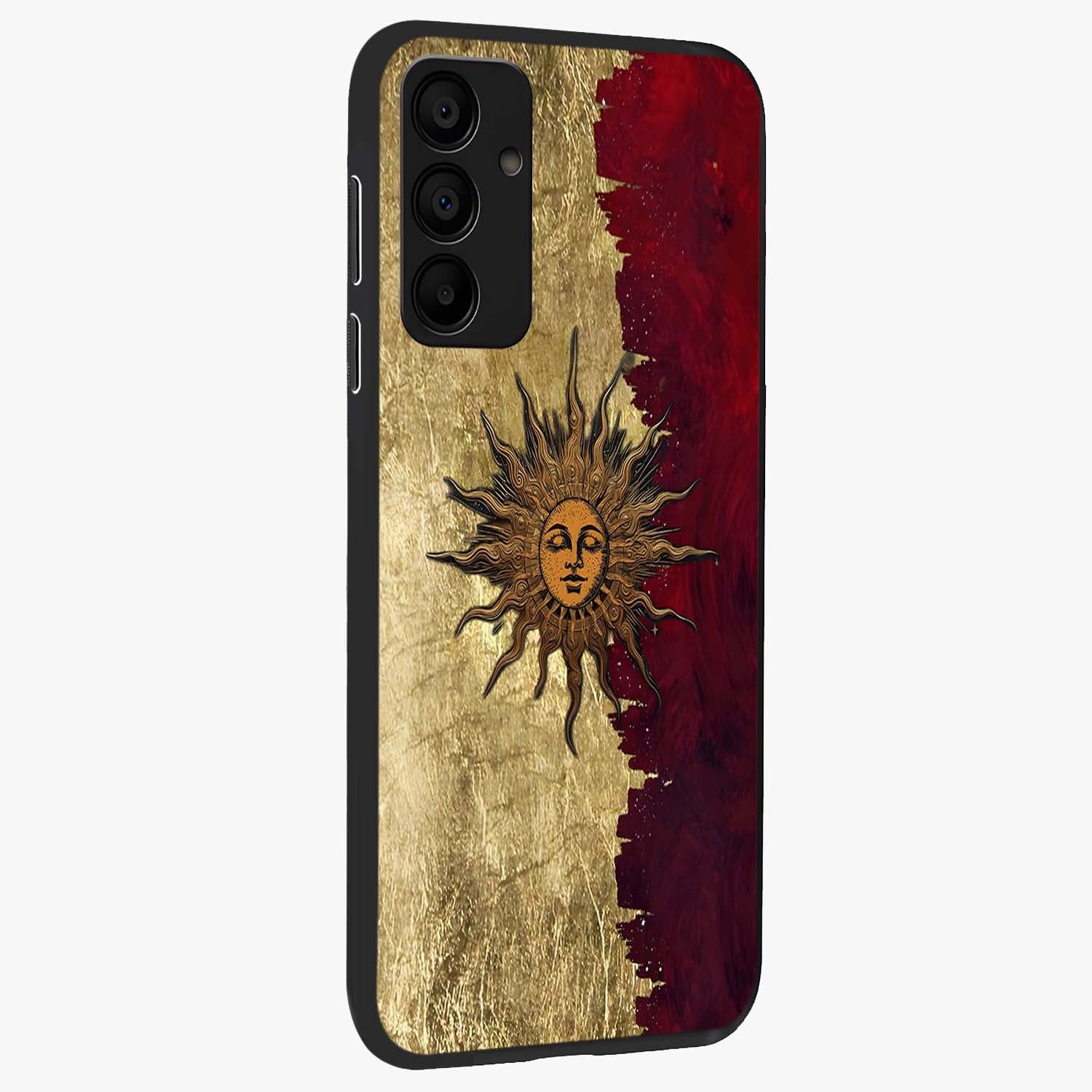 Crimson Sun Majesty Glass Case upright view showcasing vibrant sun artwork with powerful celestial theme.