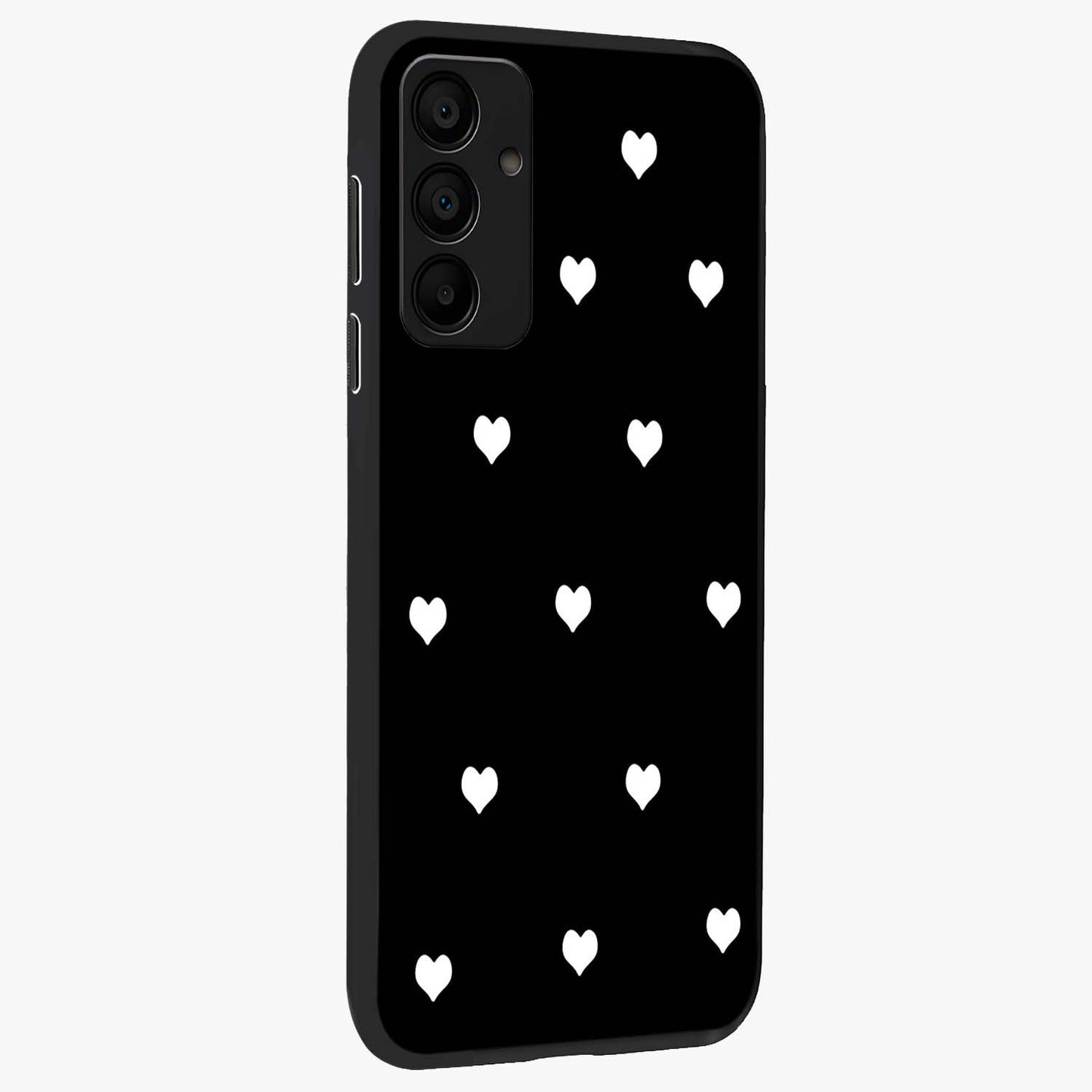 Cute And Simple White Hearts Glass Case upright view showcasing simple white hearts artwork with soft minimal theme.