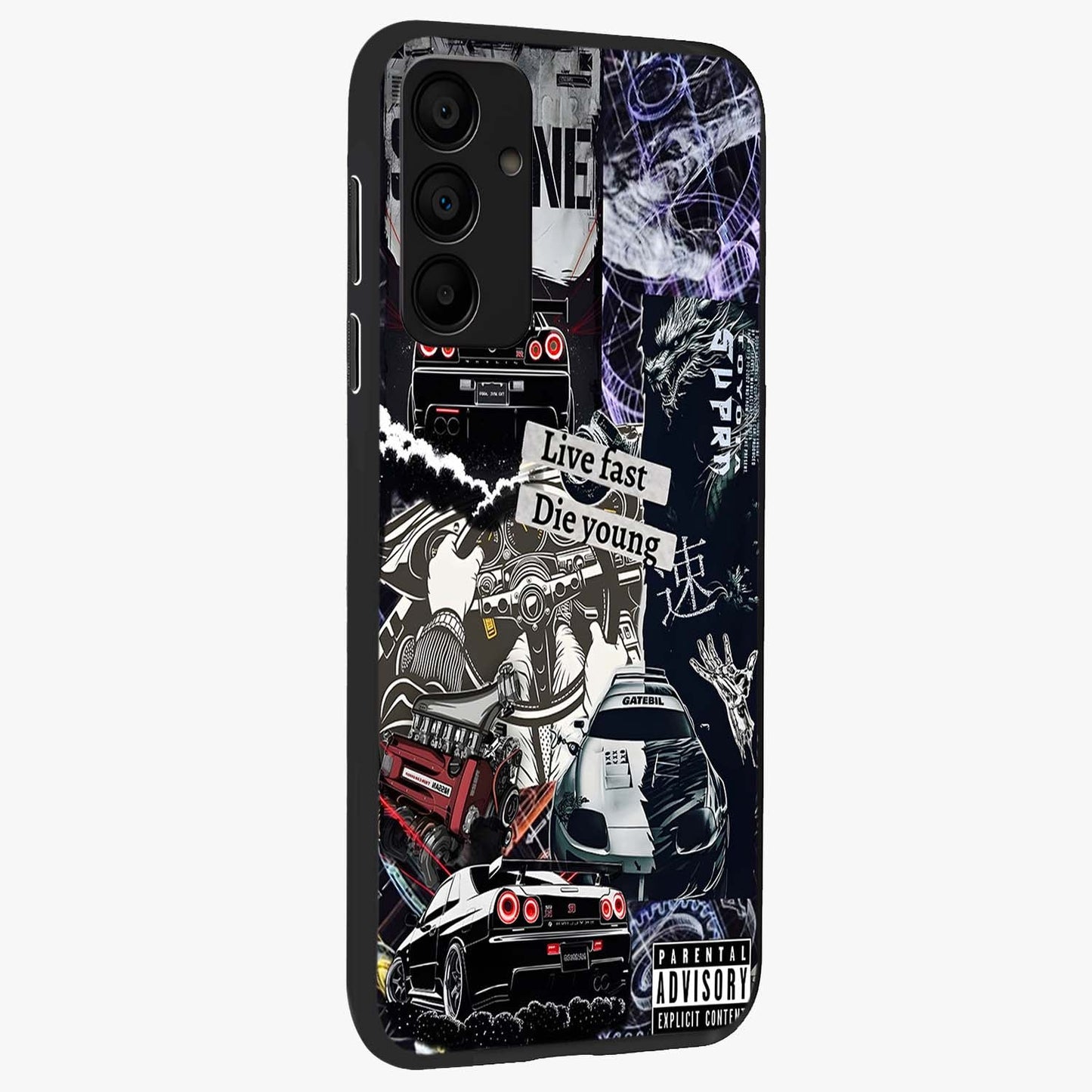 Die Young Glass Case upright view showcasing striking typography artwork with modern statement theme.