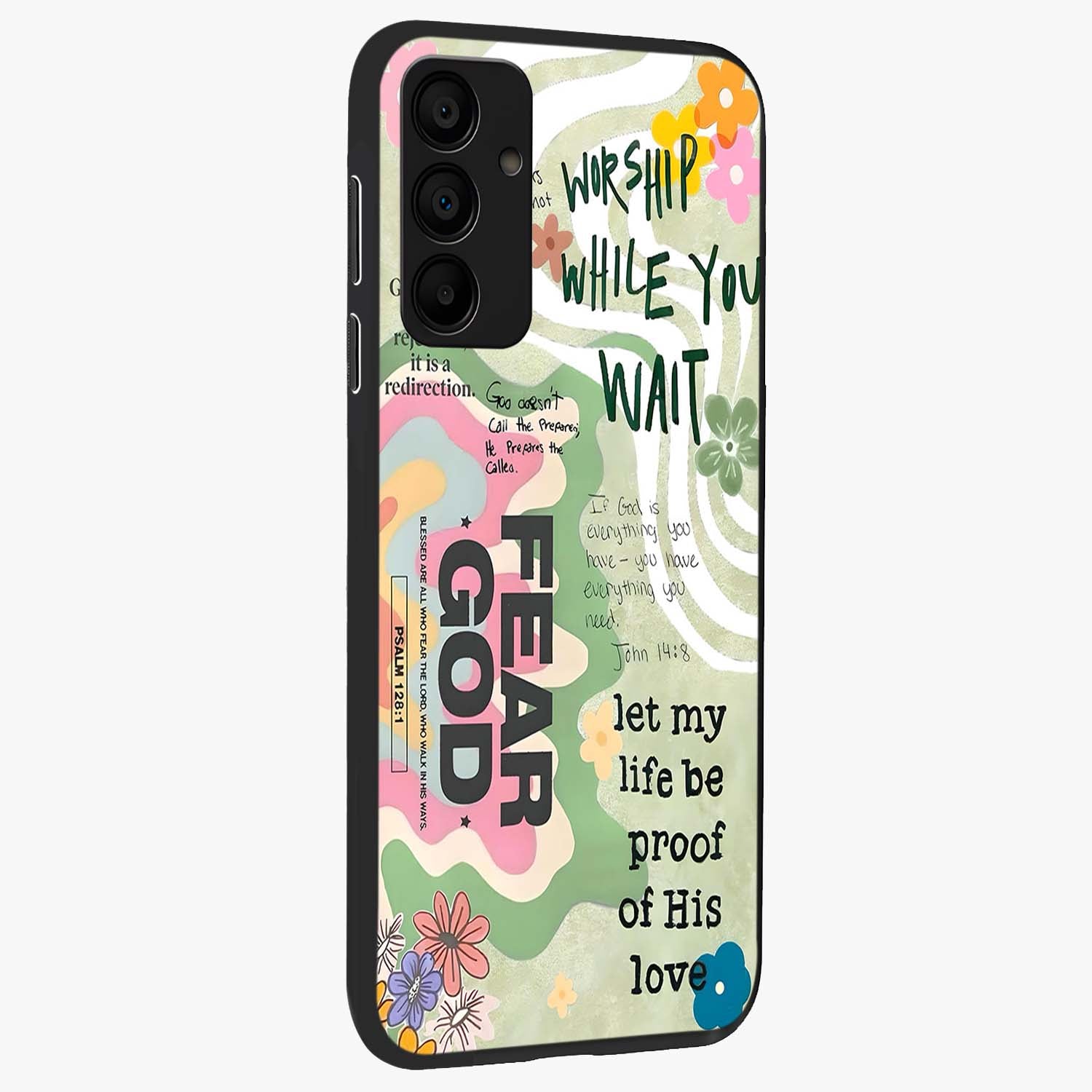 Faith Over Fear Glass Case upright view showcasing bold typography artwork with uplifting motivational theme.