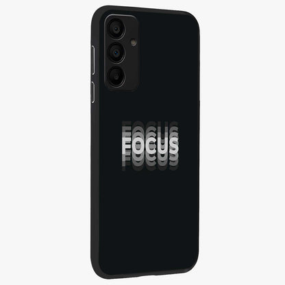 Focus Mode On Glass Case upright view showcasing strong typography statement with sleek motivational theme.