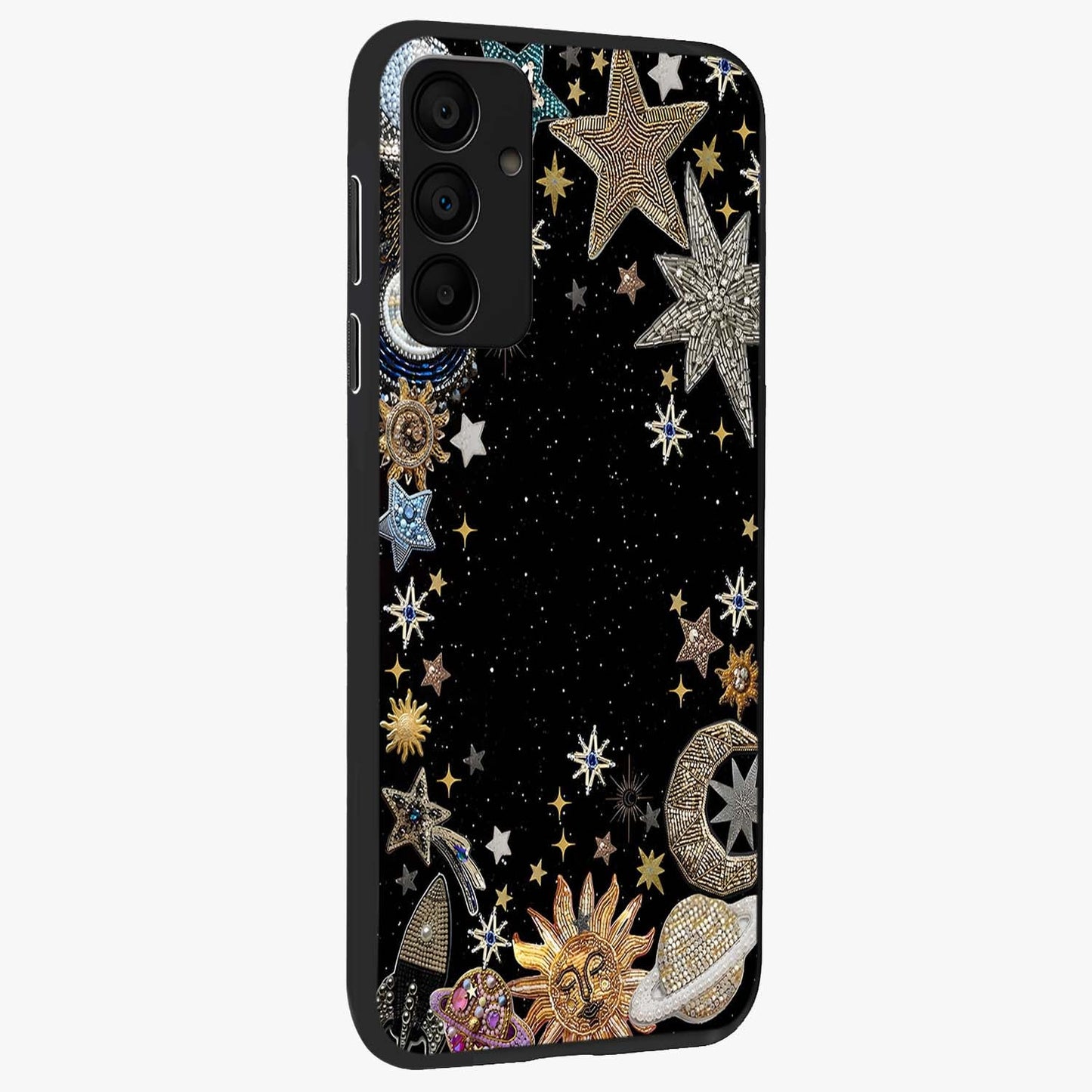 Galactic Jewel Stars Glass Case upright view showcasing glittering star jewel artwork with vibrant galaxy theme.