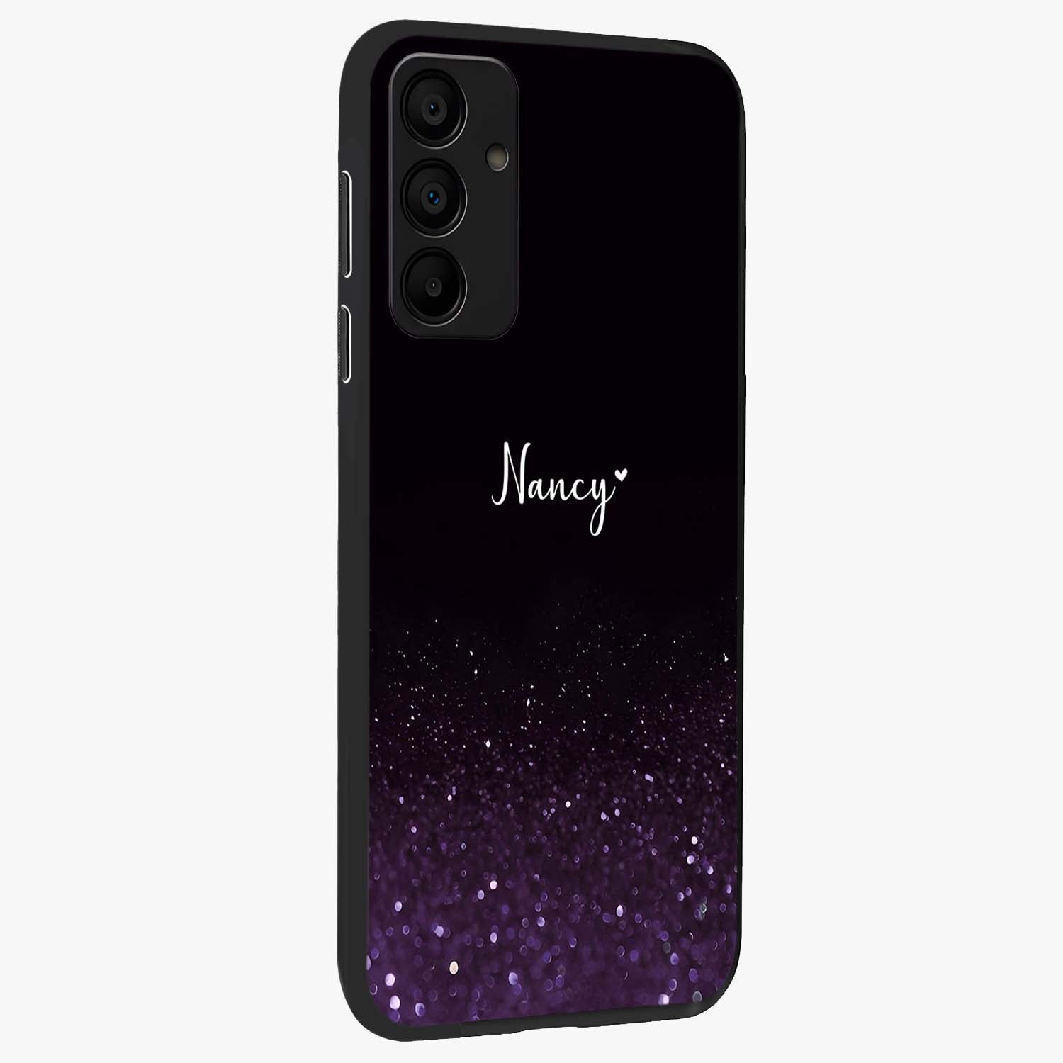 Glittery Purple Bokeh Custom Name Glass Case upright view showcasing vibrant purple sparkle artwork with personalized aesthetic style.