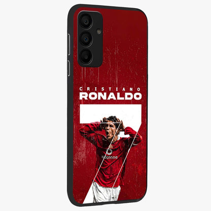 Goal Celebration Legacy Glass Case upright view showcasing dynamic football inspired artwork with victory celebration aesthetic.