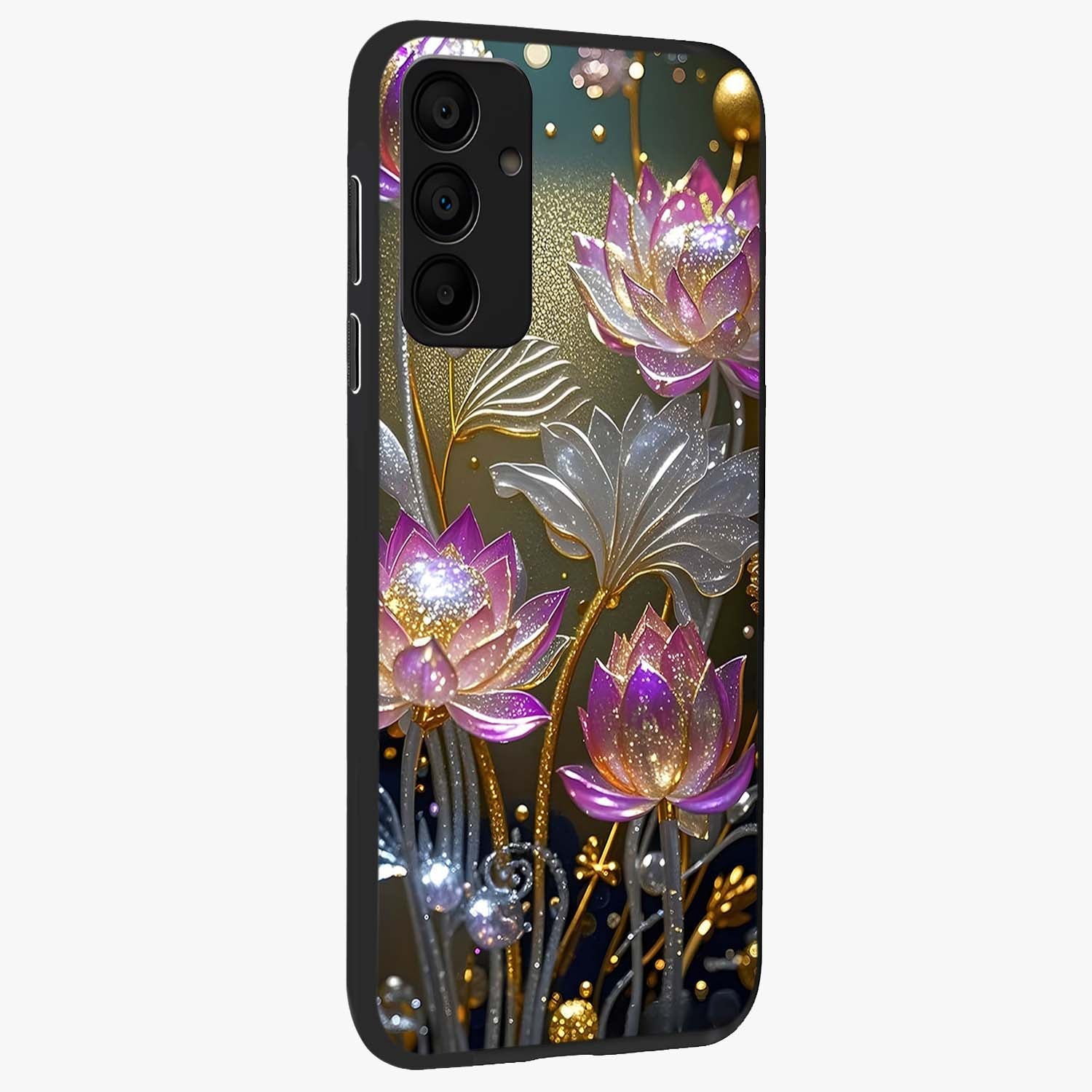 Golden Floral Majesty Glass Case upright view showcasing majestic floral artwork with rich decorative theme.