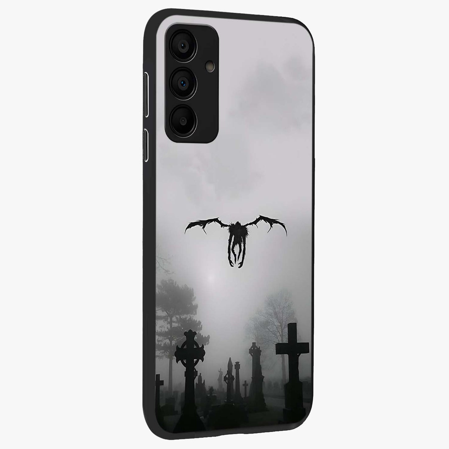 Graveyard Shadow Descent Glass Case upright view showcasing haunting graveyard artwork with dramatic dark theme.